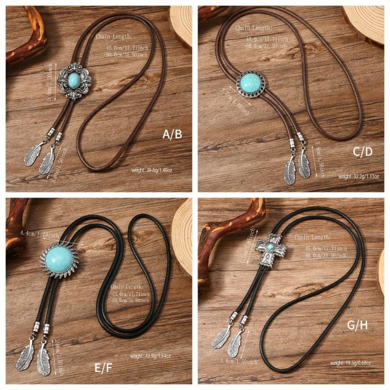 Men's Rodeos Western Leather Cord Bolo Tie Antique Floral Stone Jewelry Cowboy Necktie Necklace with Feathered Pendant