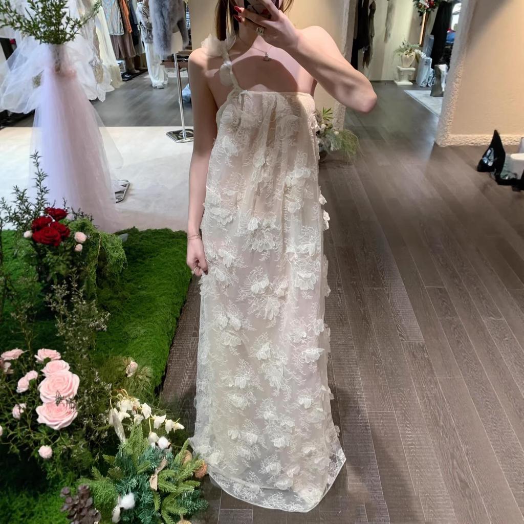3D Floral Lace Beaded Strappy Backless Long Dress - Early Spring Collection