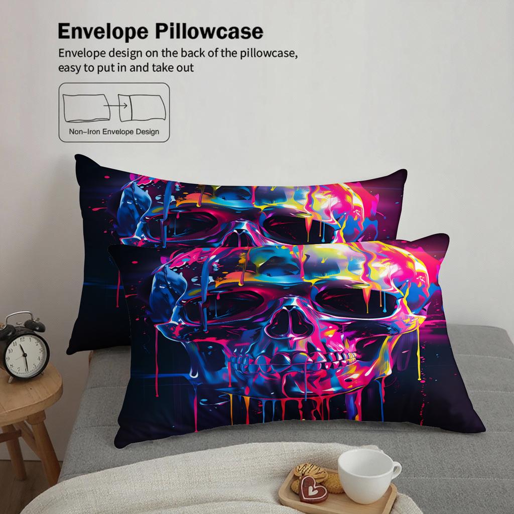 3Pcs Skull Bedding Sets 3D Printed Colorful Drip Paint Wrinkle Resistant Durable Duvet Cover Sets With Pillowcases No Filling