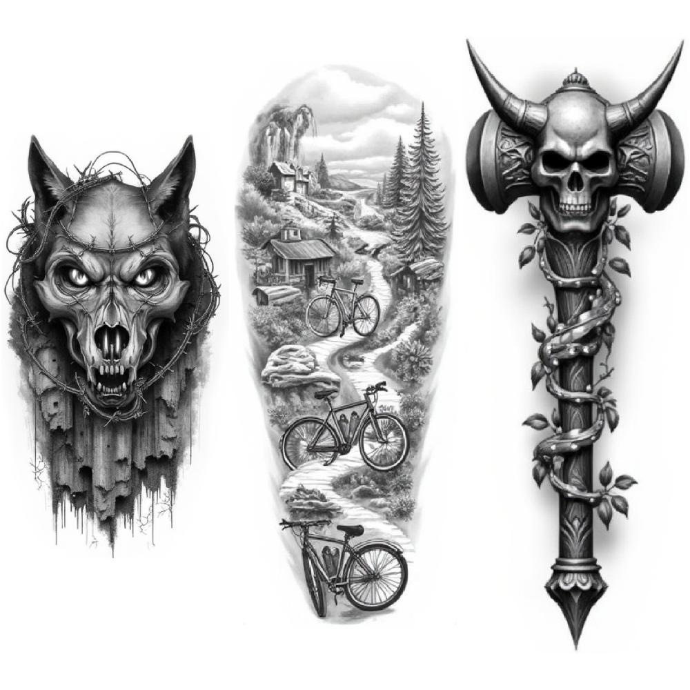 3 Stück Temporäre Tattoos Realistische Temporäre Tattoos Wolfskopf Totenkopf Stab Totenkopf Mit Krone Für Frauen Erwachsene Oberschenkel