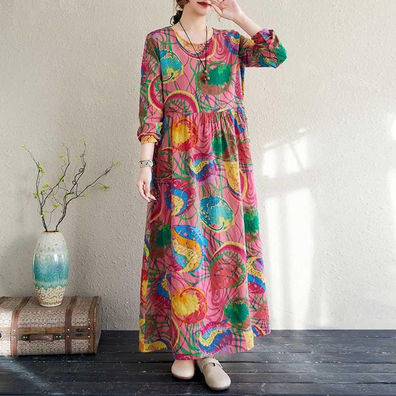 Large Size Summer Vintage Floral Loose Dress Flowing A-line Dress Women