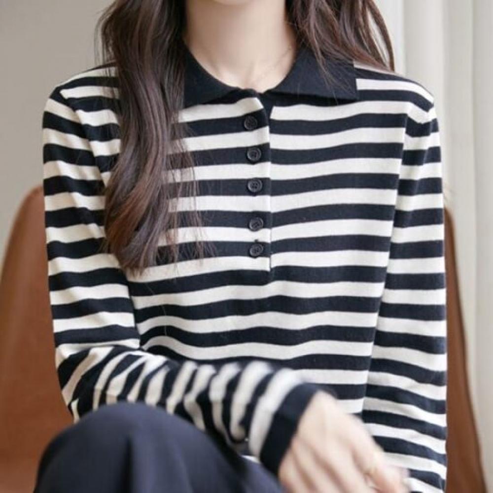 Navava Striped Button Collar Long Sleeve Knit Top Nk3135