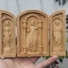 Hölzerne Jesus-Statue Handgefertigtes Mini-Triptychon Himmel Christliche Dekoration Religiöses Geschenk für Zuhause Büro Kirche Schule Dekoration