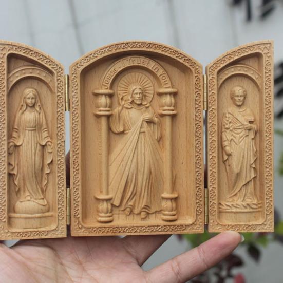 Hölzerne Jesus-Statue Handgefertigtes Mini-Triptychon Himmel Christliche Dekoration Religiöses Geschenk für Zuhause Büro Kirche Schule Dekoration