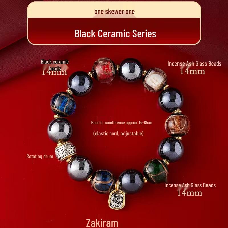 Black Ceramic Beads Six-Character Men s Temple Bracelet with Gold Foil