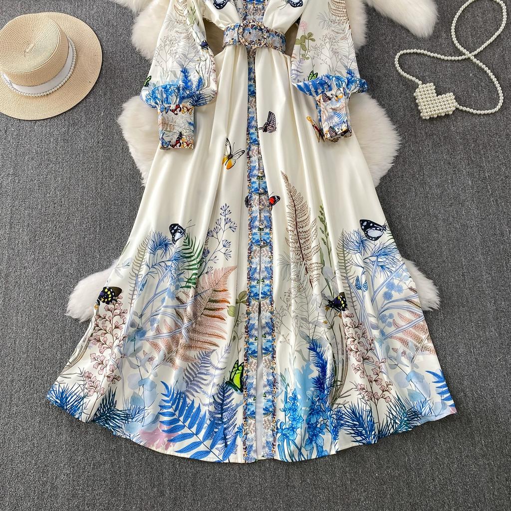 Spring Autumn Women Vintage Print Runway Dresses Stand Full Sleeve Single Breasted Long Maxi Holiday Party Dress With Belt