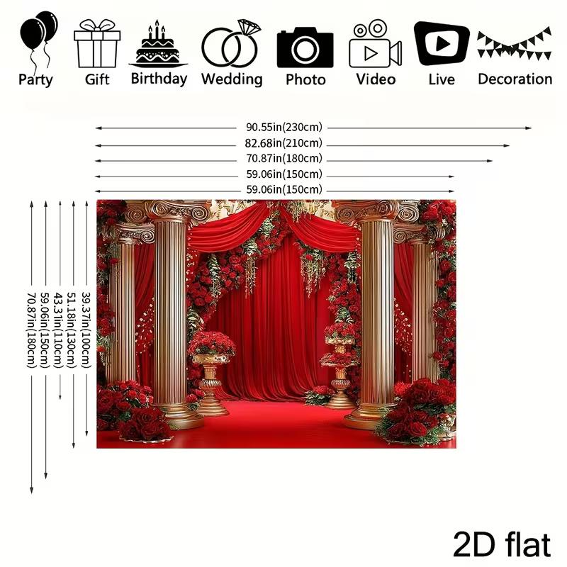 

2D Red Curtain & Rose Royal Wedding Backdrop, 2D Flat Background for Live Streaming & Decoration 47.2x31.5inch/120*80cm