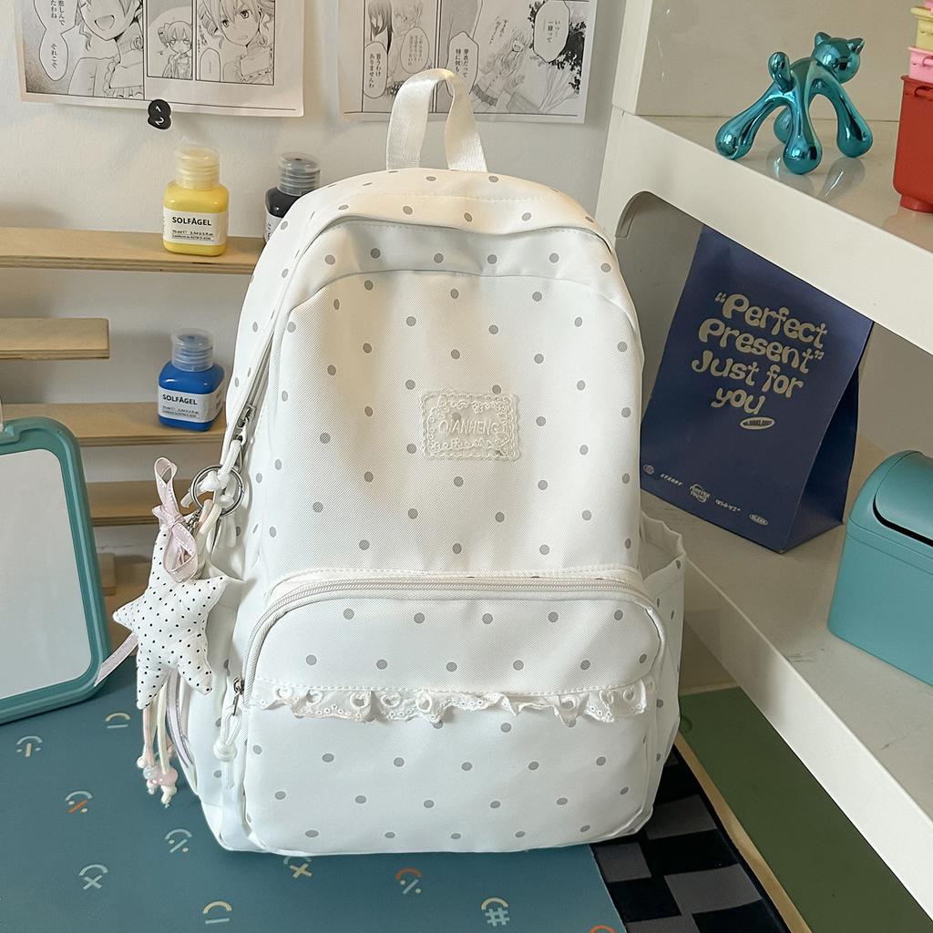 Schoolbag Milk White Polka Dot Backpack ins Niche Middle and High School Elementary School Bag Women's Lace Light Casual Backpack