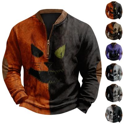 Men's Casual Fashion Christmas Printed Hoodless Sweatshirt Wide Men's Loose Button Stand Collar Hooded Sweatshirt