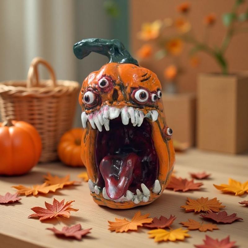 Halloween Resin Monster with Tongue Licking The Pumpkin Figurine - Scary Halloween Decoration - Creative Desktop Craftwork