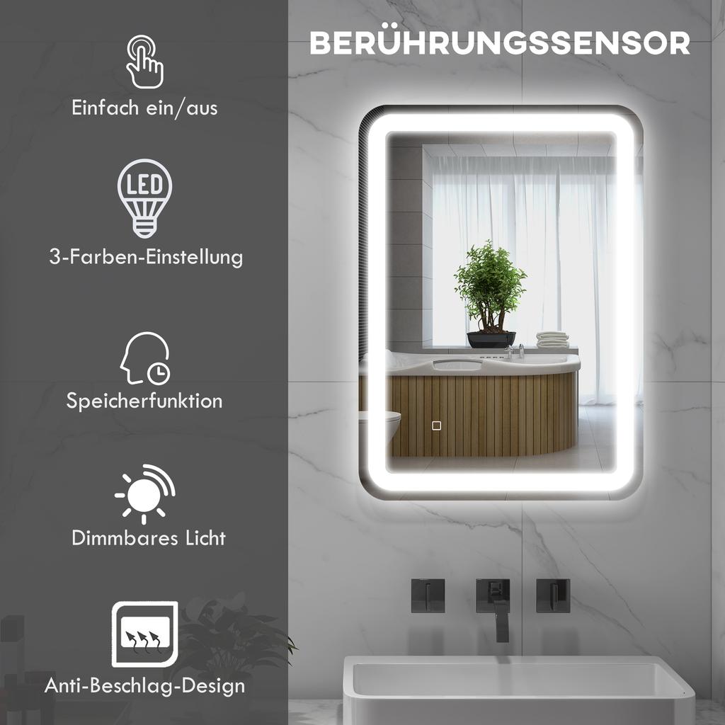 Bathroom Mirror, Illuminated, Touch Control, Anti-Fog, Dimmable, 3 Light Colors, 50x70, Silver