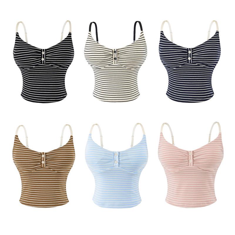 Korean Spicy Girl Striped Camisole: Spring/Summer Slimming Sleeveless Top with Chest Pads in Cotton