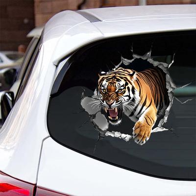3D Realistic Tiger Breaking Through Wall Car Sticker, Double-Sided Visible Static Cling Decal for Bedroom Bathroom Decoration
