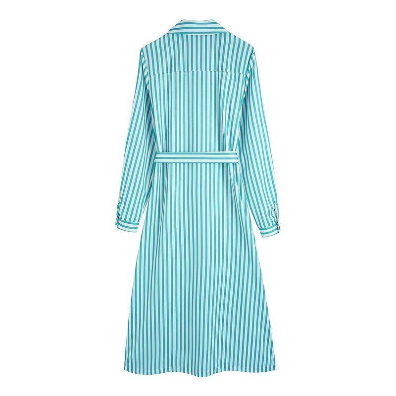 Fashion Style Women's Clothing 2024 Summer New Arrival Long Sleeves Waist-Controlled Lace-up Stripes Shirt Style Dress Mid Length Long Length