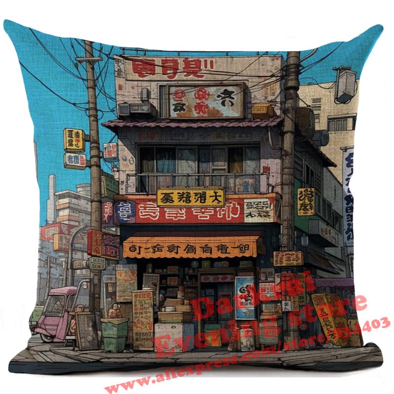 Cartoon Straßenecke Leinen Kissenbezug Japan Architekturstil Heimdekoration Wohnzimmer Sofa Dekokissen Hülle 45x45cm