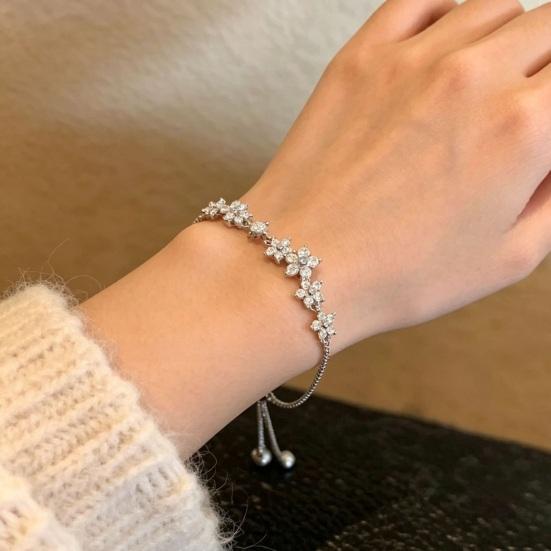 Cubic Zirconia Flower Bracelet, Adjustable Pull-Out Design Bracelet, Slim Lightweight Fit Wristband Jewelry Gift