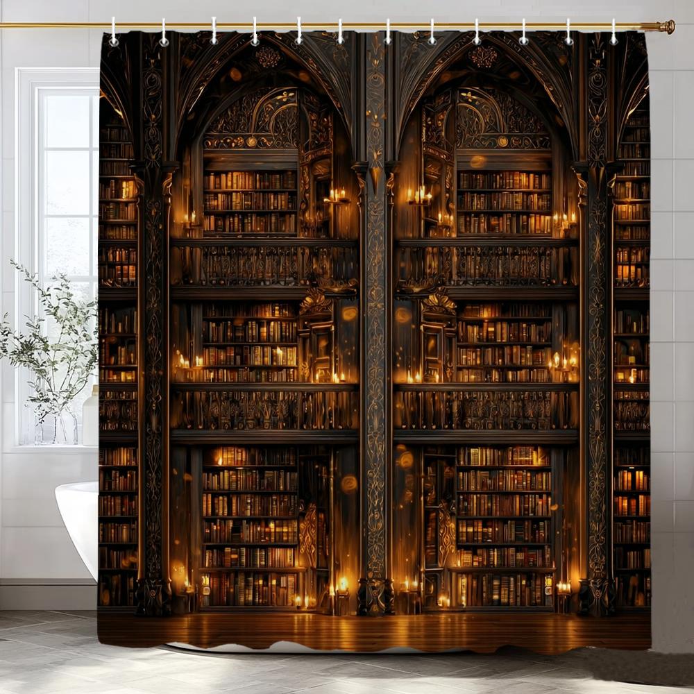 1pc Vintage Library Shower Curtain Old Book Bookshelf Candles Home Polyester Fabric Bathroom Decorative Home Curtain With Hooks