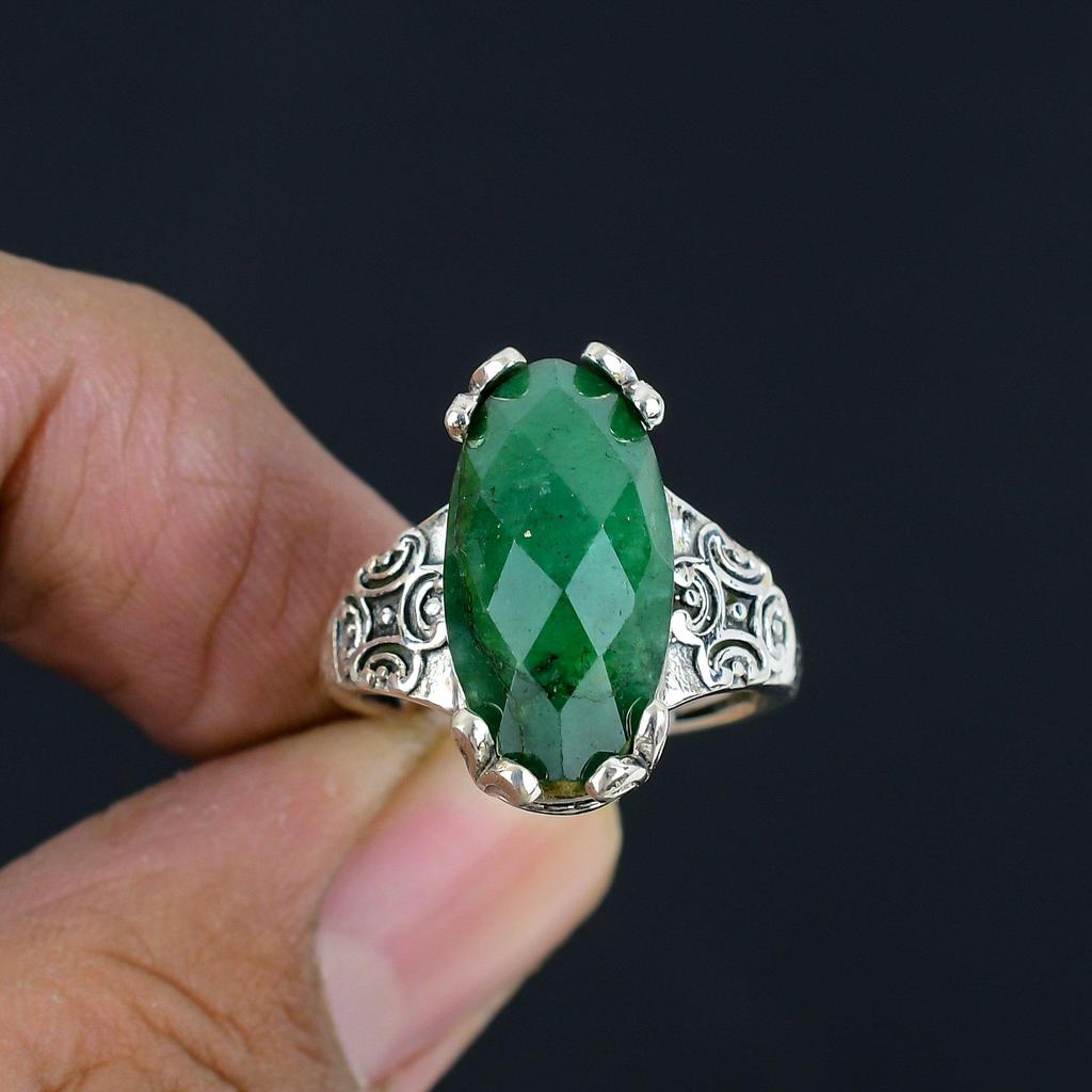Natural Emerald Checkerboard Cut Gemstone 925 Sterling Silver Statement Ring For Women & Girls