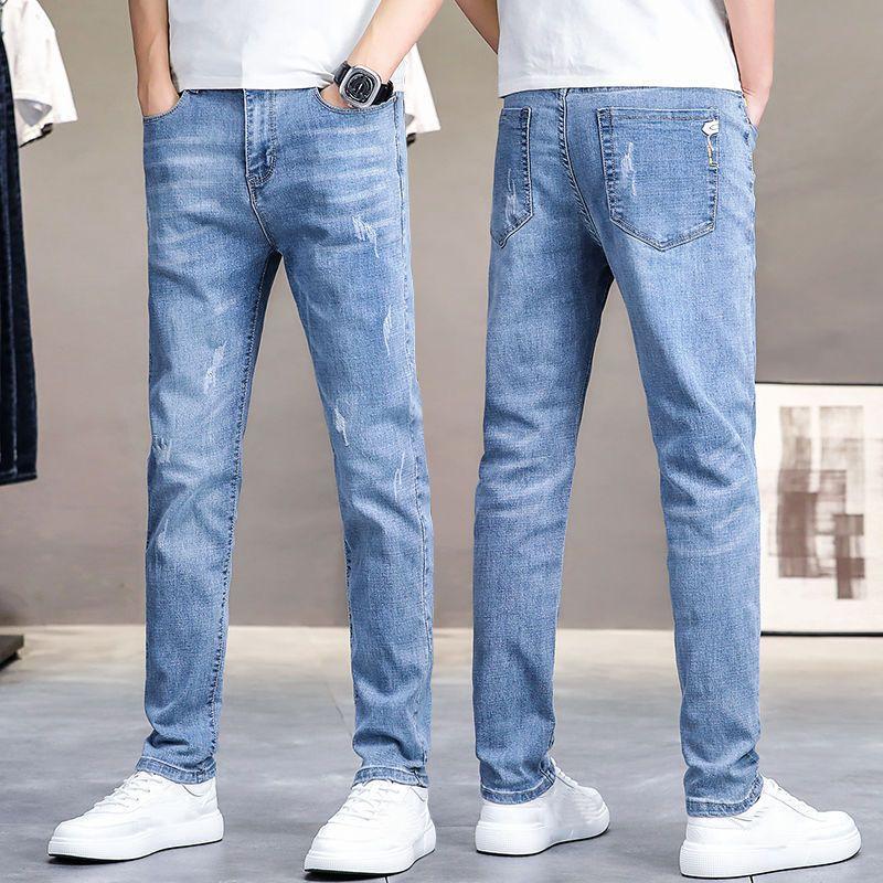 

Large Size 2026 Jeans Men s Slim Straight Korean Style Trendy Stretch Light Color Casual Pants Summer Thin Style 28 синий