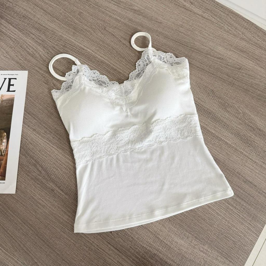 Elegant White V-Neck Lace Camisole with Chest Pad for Women