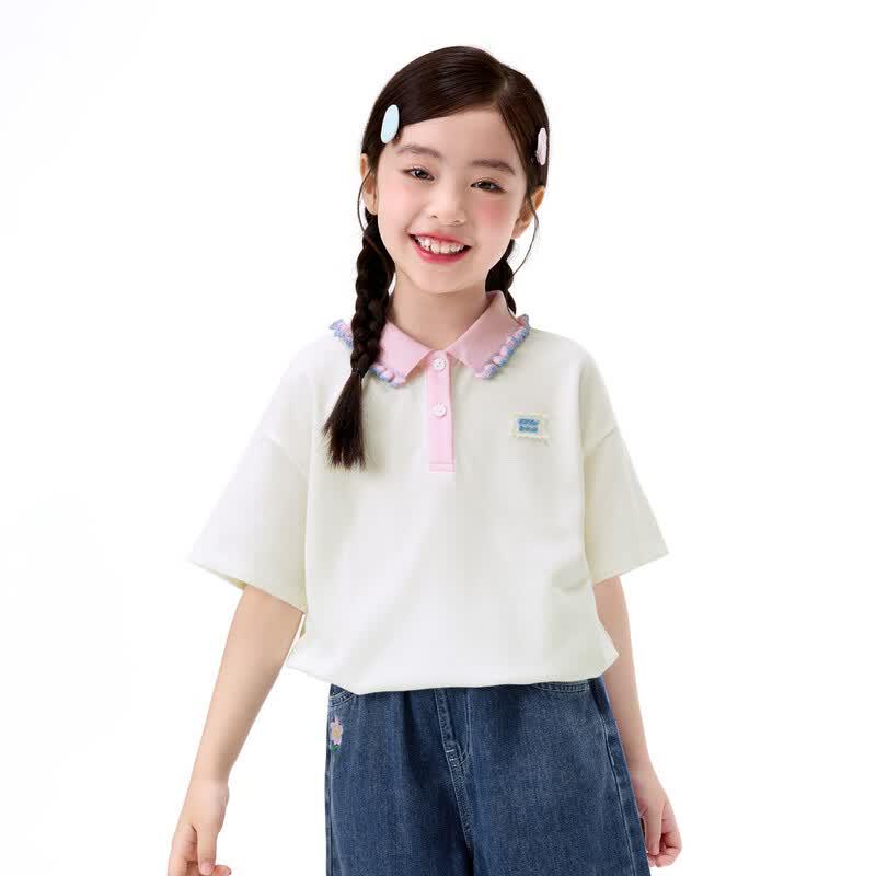 Xiaoyinman Girls' Lace Collar Embroidered Polo T-Shirt