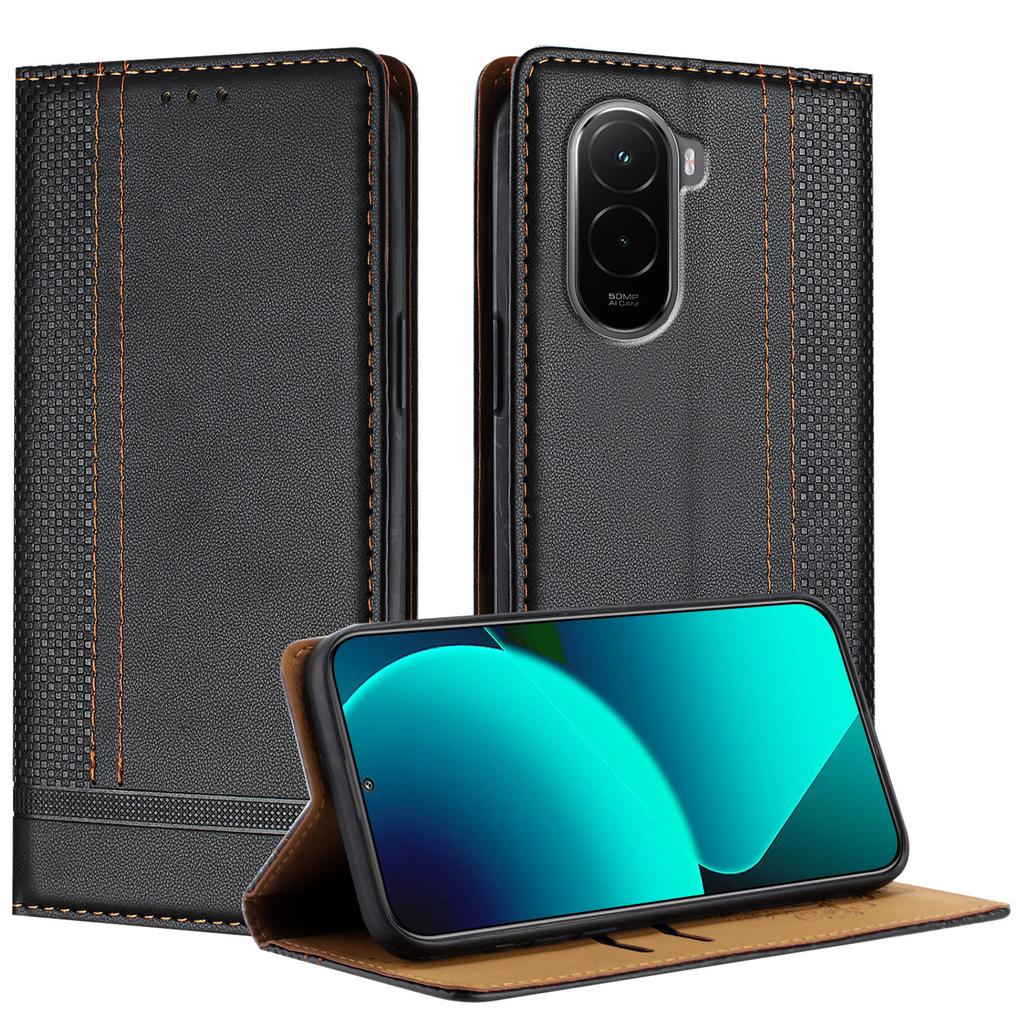 For Xiaomi Poco M7 4G (169mm) Case L-Shaped Grid Pattern Leather Stand Phone Cover with Card Slots