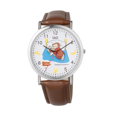 Q&Q Curious George Analoguhr, Wasserdicht, Lederarmband, Q93B-501PK, Unisex, Weiß