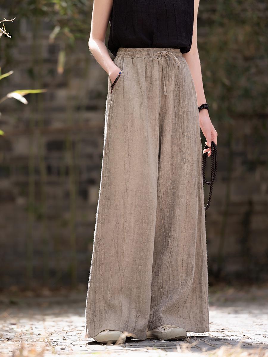 Women s Spring Cotton Linen Retro Tie-Dye Wide-Leg Trousers One Size