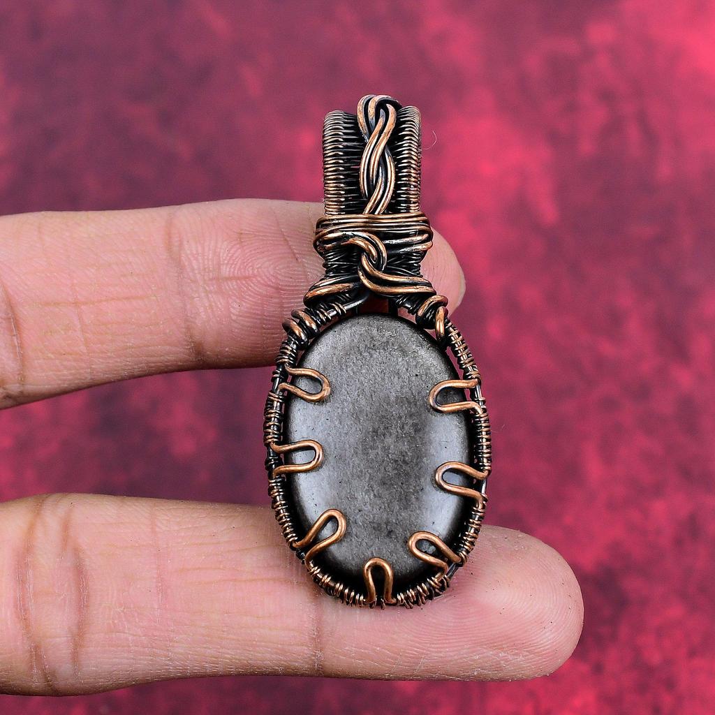 Silver Sheen Obsidian Pendant Copper Wire Wrapped Pendant Genuine Gemstone Handmade Pendant Wire Wrap Jewelry Gifts for Wife Copper Jewelry