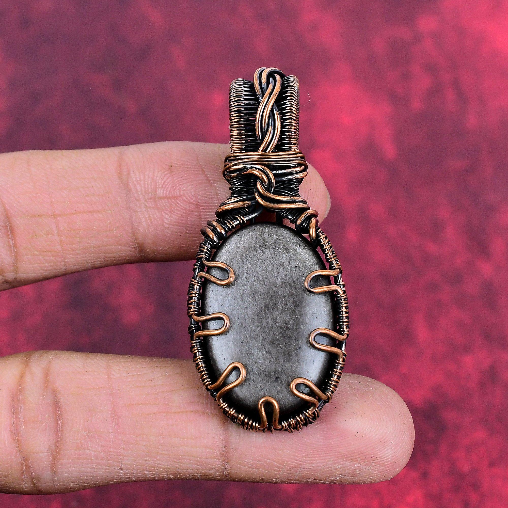 Silver sheen obsidian pendant copper wire wrapped pendant genuine gemstone handmade pendant wire wrap jewelry gifts for wife copper jewelry
