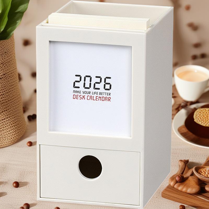 2026 Desk Calendar, Pen Holder Storage Box Desktop Calendar Ornament