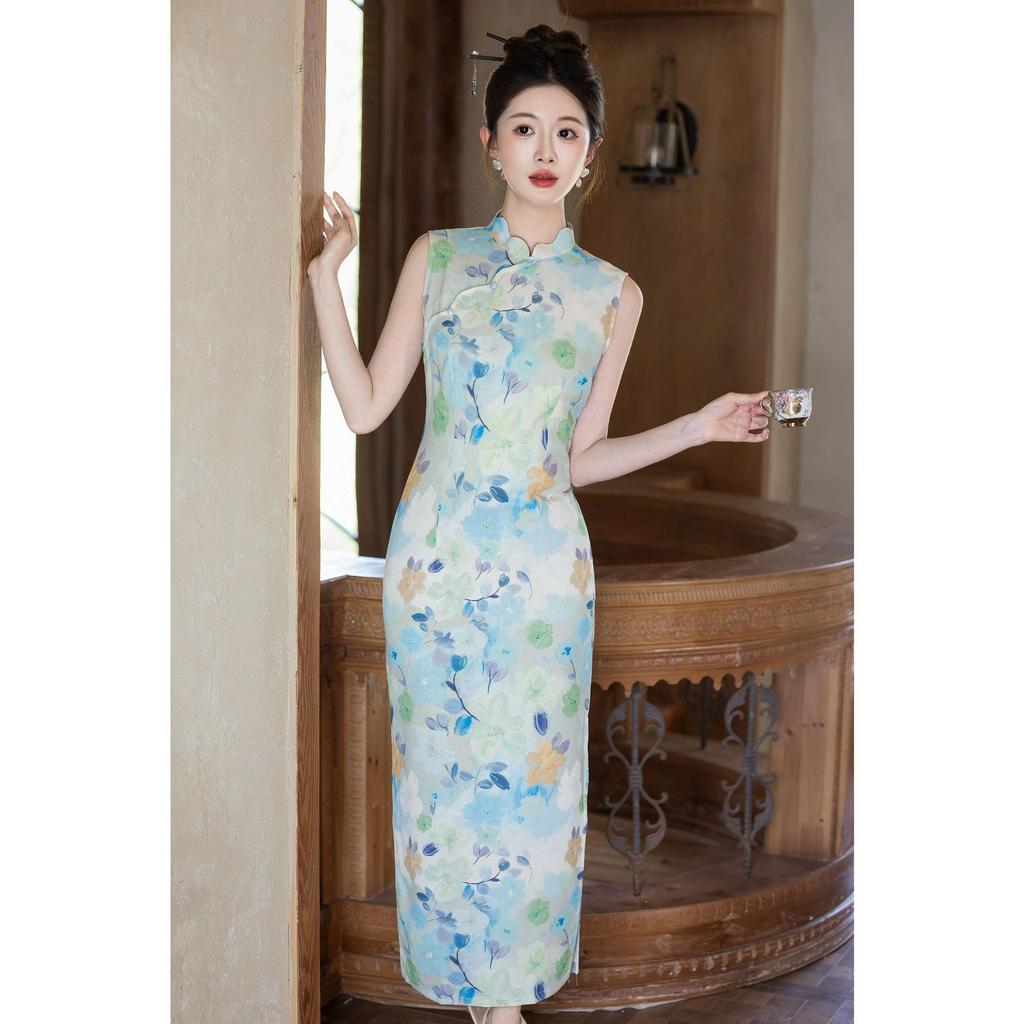 Retro Style Floral Improved Cheongsam Women's 1011 New Chinese Waist Young Long Cheongsam Dress Can Be Worn Daily