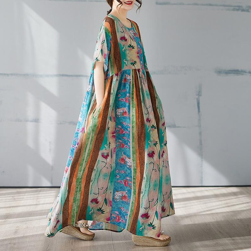 Krátký rukáv Plus size Bavlněné vintage květinové nové šaty pro ženy ležérní volné dlouhé letní šaty