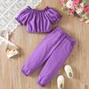 Kids Girls Clothing Set 1-6Y Summer Purple Puff Sleeve Off Shoulder Top with Elastic Waist Long Pants 2 Piece Outfit