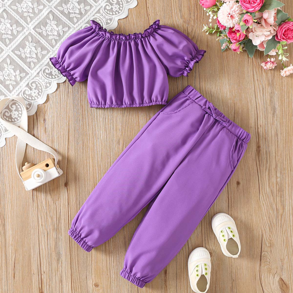 

Kids Girls Clothing Set 1-6Y Summer Purple Puff Sleeve Off Shoulder Top with Elastic Waist Long Pants 2 Piece Outfit 5-6Y
