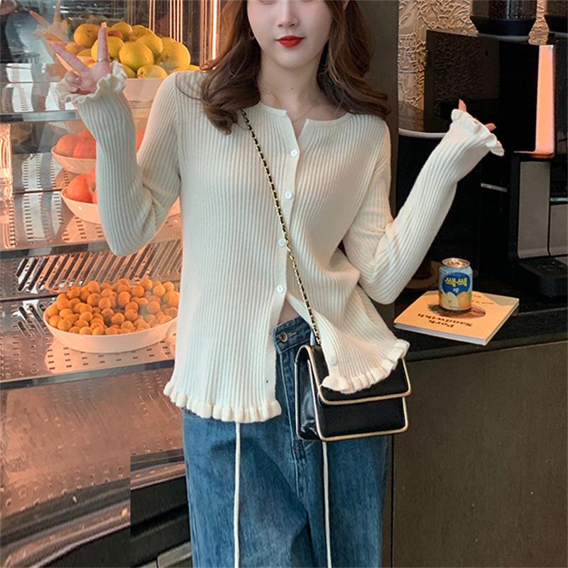 Fungus Edge Knitted Top Women's High-end Sweet Spring and Autumn Knitted Sweater Long-sleeved Thin Coat Solid Color