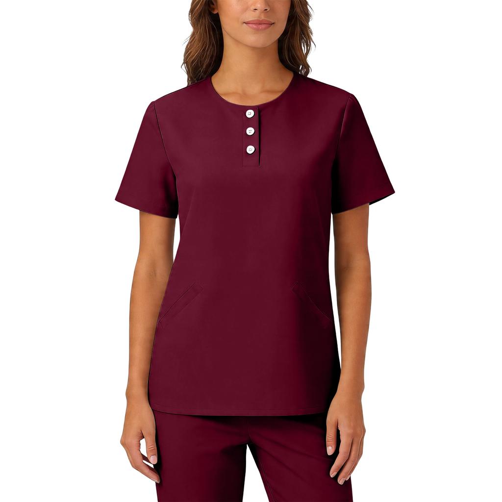 Womens Stretchy Quick Dry V Neck Short Sleeve Top with Pockets Button Front Uniform Blouse for Healthcare Hospitality Service