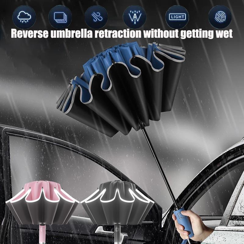 Umbrella Windproof Strong With Reflective Stripe Reverse Automatic Fold Umbrella UV Umbrella Insulation Portable Parasol Big