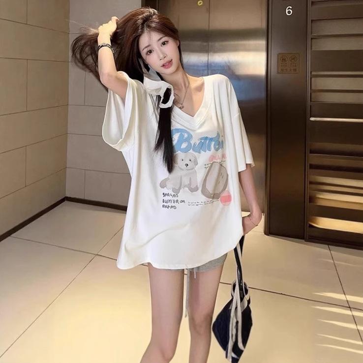 

Women s Summer V-Neck Cartoon Print T-Shirt - Short Sleeve, Loose, Trendy Chic, Age-Reducing, Casual, Sweet Lazy Style L