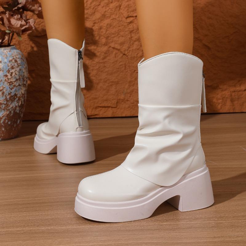 Pleated Platform Mid-leg Boots Autumn Winter New Round Toe Back Zip Non-slip Block Heel Stack Boots
