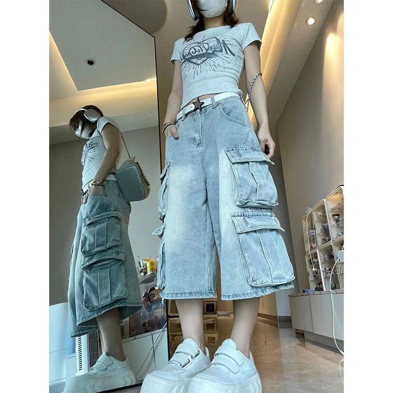 Women s High Rise Cargo Denim Capri Pants Wide Leg Loose Fit Vintage Washed Cropped Jeans S
