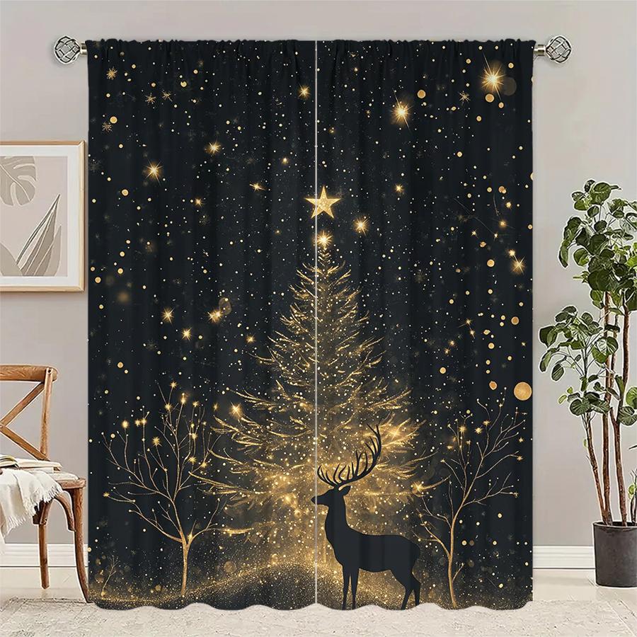 

Christmas tree and reindeer print curtains Christmas decorations home decorations room decorations 100*130 Rod Pocket 1pcs