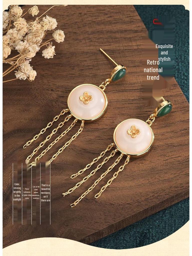 2022 Summer Palace Style Hetian Jade Long Tassel Earrings for Women - Perfect Hanfu Costume Accessory.
