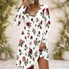 Women Criss Cross V Neck Long Sleeve Floral Printed Dress White Green Curved Hem