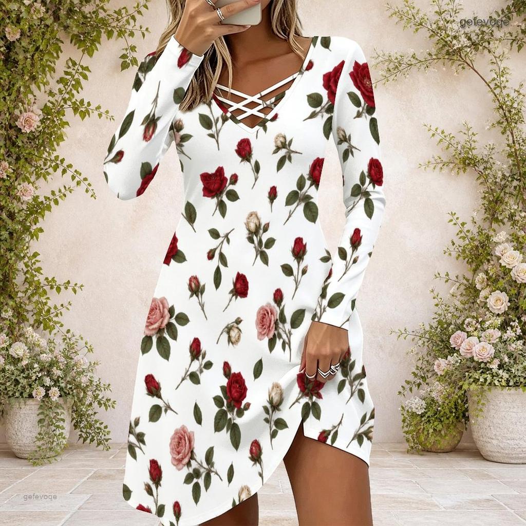 Women Criss Cross V Neck Long Sleeve Floral Printed Dress White Green Curved Hem