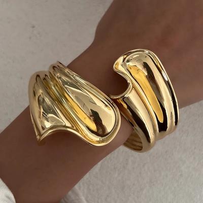 DIEZI Punk Hip Hop Gold Color Leaves Geometric Metal Wide Cuff Bangles Bracelets Fashion Spring Bangles For Women Men Jewelry