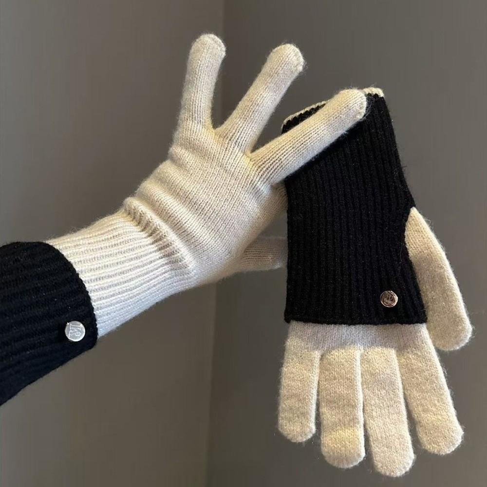 Patchwork Design Knit Gloves Maillard Earth Tone Open Finger Gloves for Students
