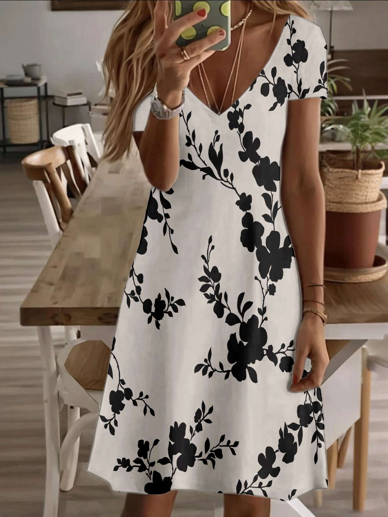

Vneck shortsleeve midi dress elegant floral women’s dress black and white blossom print 3D premium printing durable fabric soft breathable casual fash 5XL дубильная кора