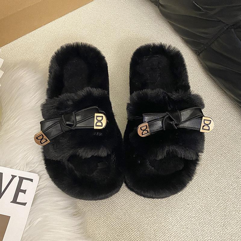 Klapki na wysokim grubym obcasie, puszyste, damskie, do noszenia na zewnątrz, jesień i zima 2025, nowa koreańska wersja, aksamitne, ciepłe, na grubej podeszwie, bawełniane