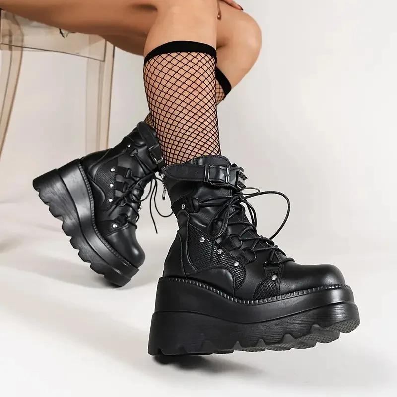 Fashion Women's Goth Cosplay Wedge Combat Ankle Boots Fashion Stylish Punk Buckle Lace-up Zipper Dress Boots Ladies Winter Outdoor Shoes